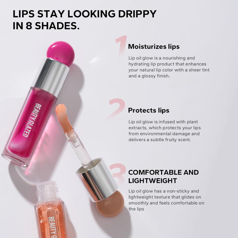 Beauty Glazed Non-Sticky Ultra-Hydrating & Nourishing Lip Oil, Smooth Glossy Finish Lip Glow Oil, Shiny and Tinted Lip Gloss, Big Brush Applicator 106# PLUM