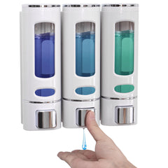 3Pcs 400ml Shower Soap Dispenser Wall Mounted Shampoo and Conditioner Dispenser Adhesive Handwashing Fluid 3 Separating Chamber Manual Shower Soap for Bathroom Hotel