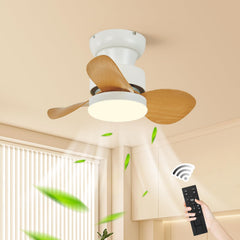 Becailyer 21.65 inch Mini Ceiling Fan with Lights and Remote, Small Flush Mount Ceiling Fans with Lamp, Reversible Summer Winter Mode 6 Speed Silent DC Motor for Bedroom Kitchen, White+Woodgrain