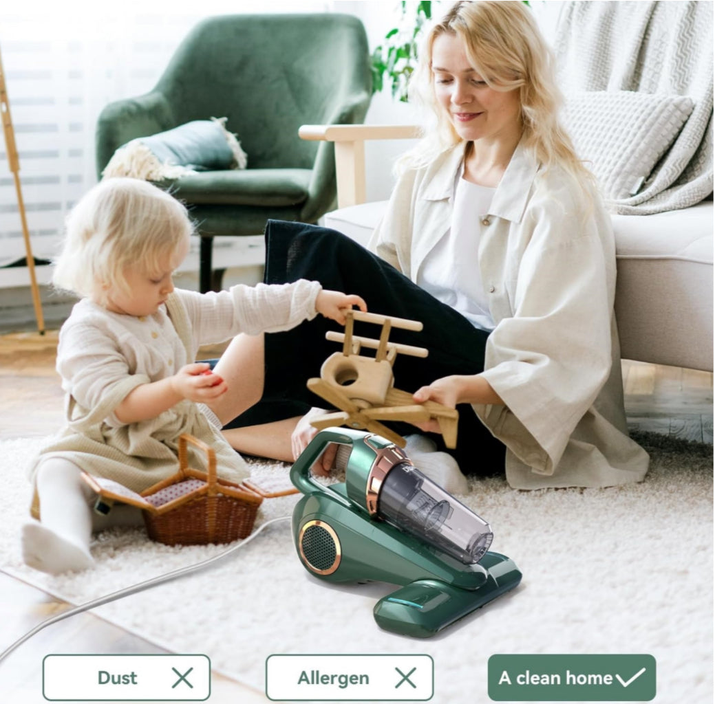 Dibea Handheld Bed Vacuum Cleaner, Mattress Vacuum Cleaner with 15KPa Suction, Washable HEPA Filter for Deep Clean Fur, Hair, Dust on Sofa, Couch, Carpet and Other Fabric, Green