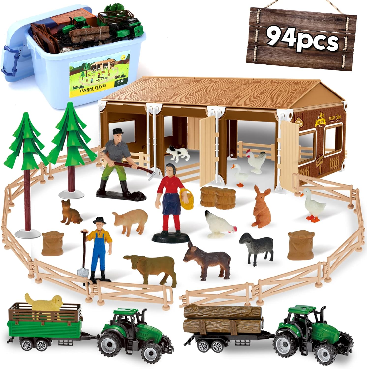 94pcs Plastic Farm Animals Figurines and Fence Farm Playset, 2 Farm Tractors with Farm Figures, Farmer Vehicle Toy Truck with Trailer for 3-12 Years Old Kids Boys Girls Toddlers