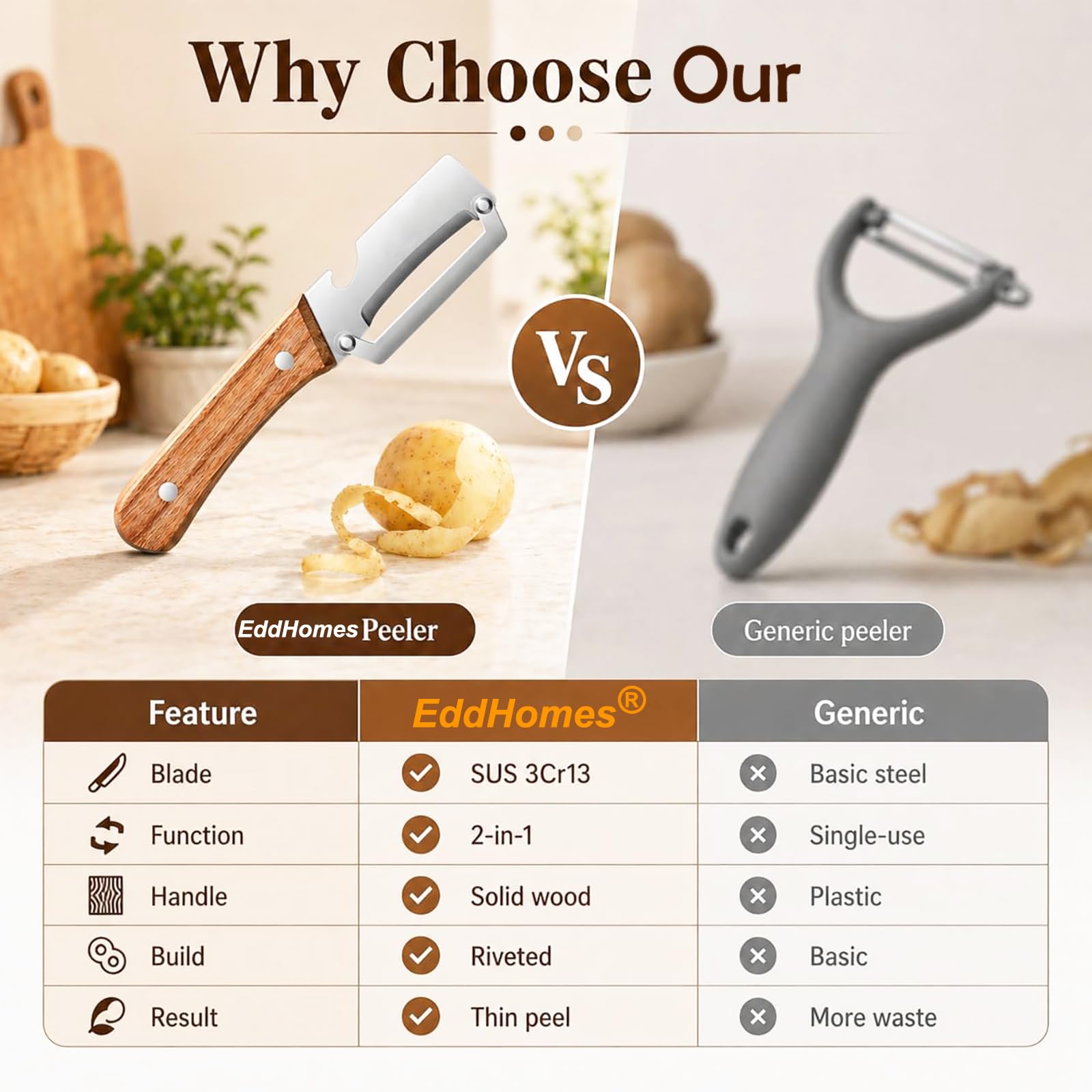 EddHomes Multifunctional Vegetable Zero Snag Peeler with Wooden Handle and Bottle Opener