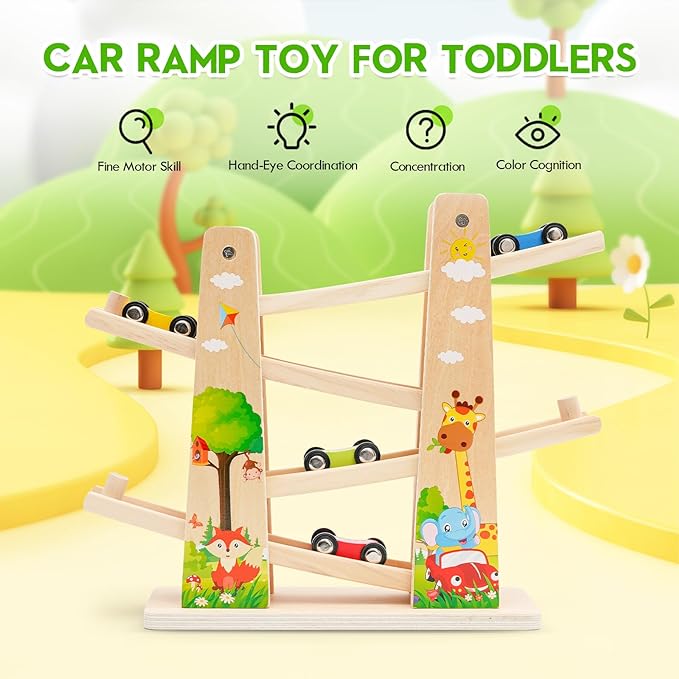 Car Ramp Toy, Wooden Car Ramp Toy with 4 Mini Cars, Fine Motor Skill & Improve Focus, Race Car Track Toy, Montessori Ramp Racer Playset T123