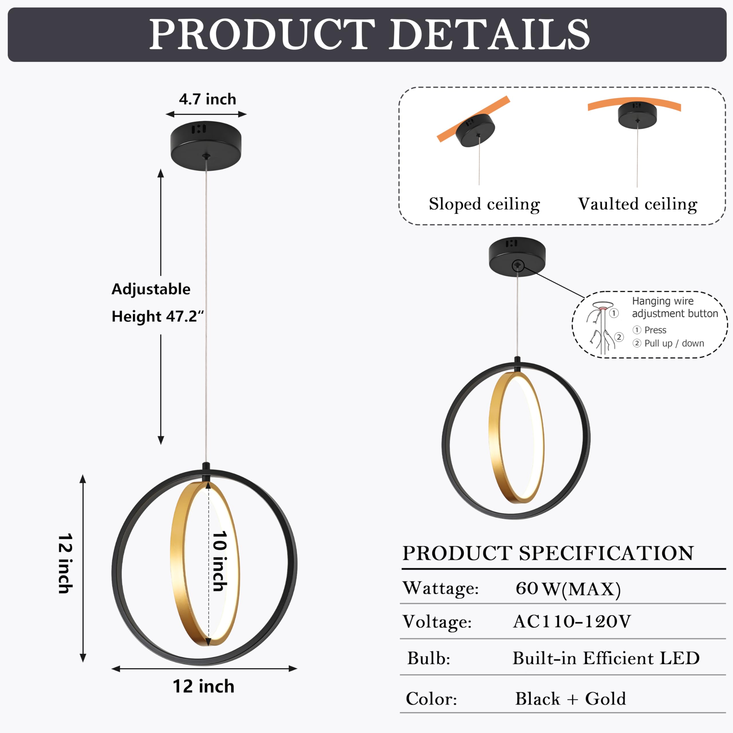 AyshwillDec Modern Led Ring Chandelier Black and Gold Pendant Light