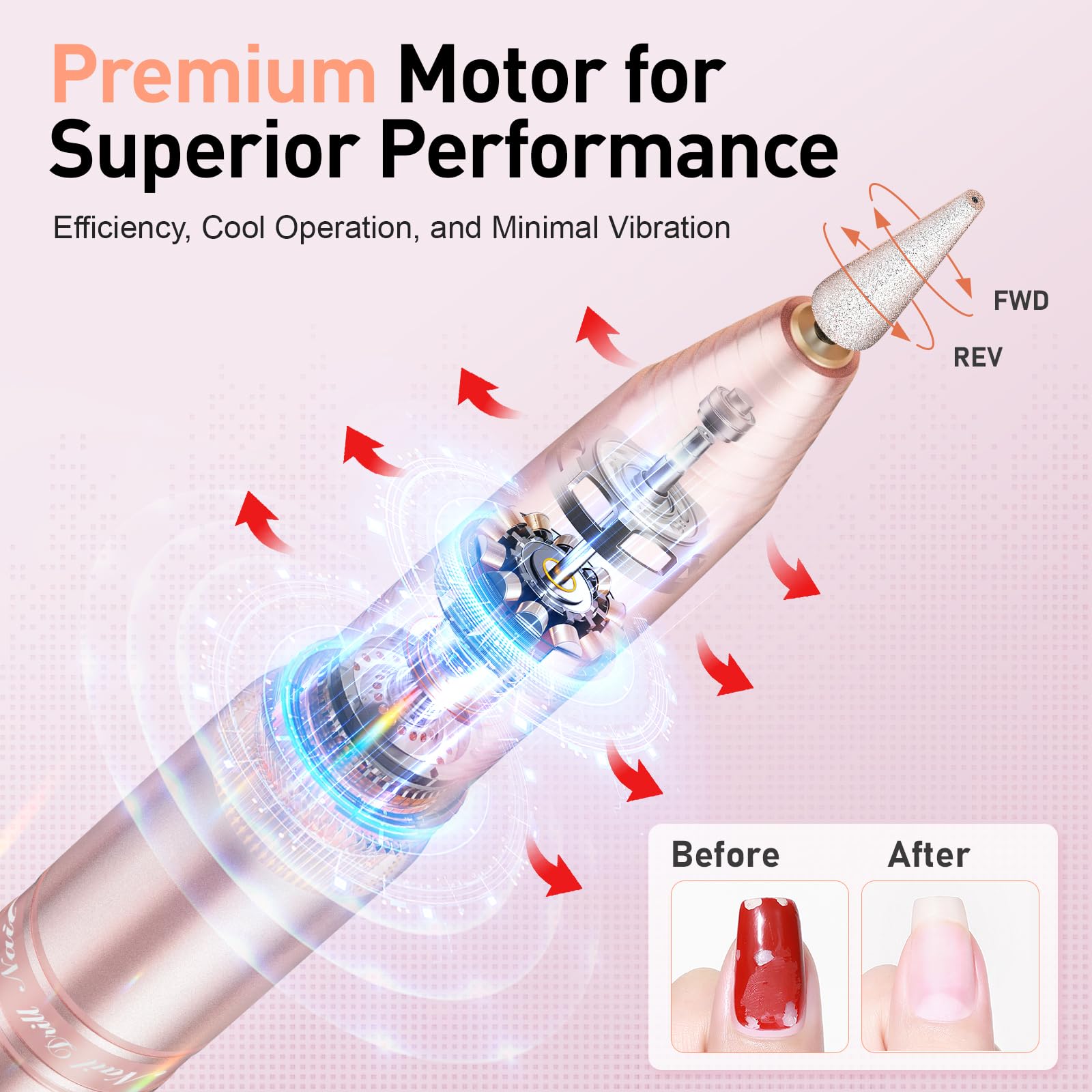 Beloving Cordless Nail Drill, Portable Electric Nail Drill 20000RPM Professional Electric Nail File for Acrylic Gel Nails, Rechargeable Nail Machine Home Use for DIY Manicure Pedicure - Gold