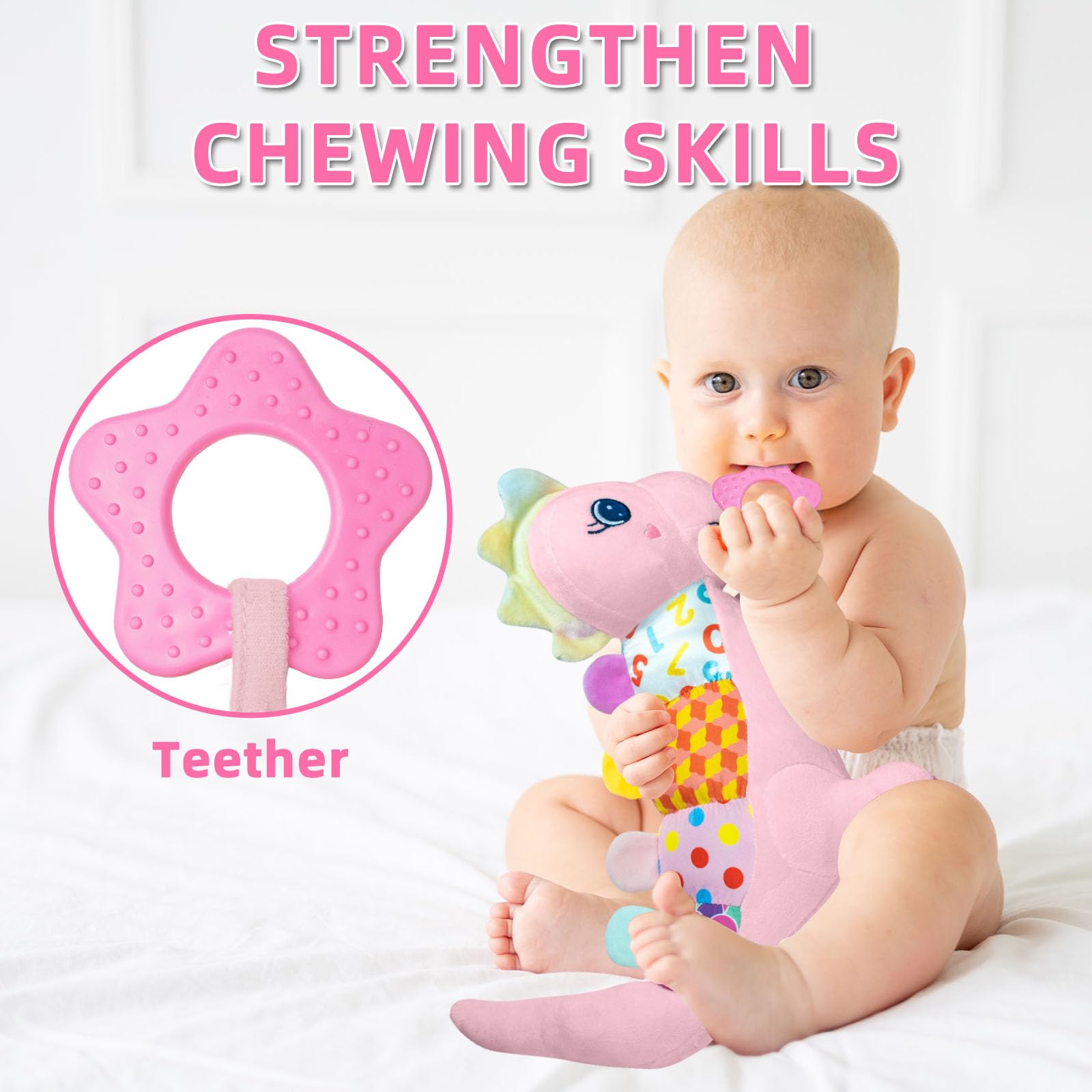 Baby Sensory Dino Musical Stuffed Animal Toys for 0-3-6-9-12 Months .Infant Dinosaur Tummy Time Toys with Crinkle Sound Paper .Teether .Textures & Rattles for Newborn Boys Girls Birthday Gifts .Pink