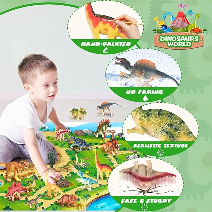 Dinosaur Toys with Activity Play Mat Realistic Dinosaur Figures to Create a Dino World Including T-Rex, Triceratops Dinosaur Playset with Carrying Bag Party Gifts T25