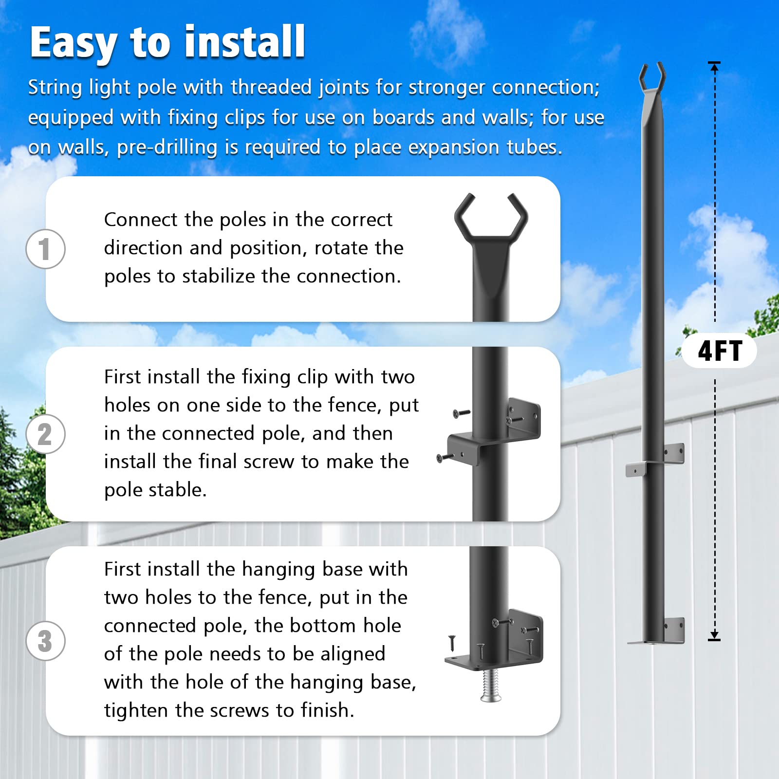 Beizelte 2PACK 4FT String Freestanding Outdoor Light Poles with Fixing Clips and Suspended Base