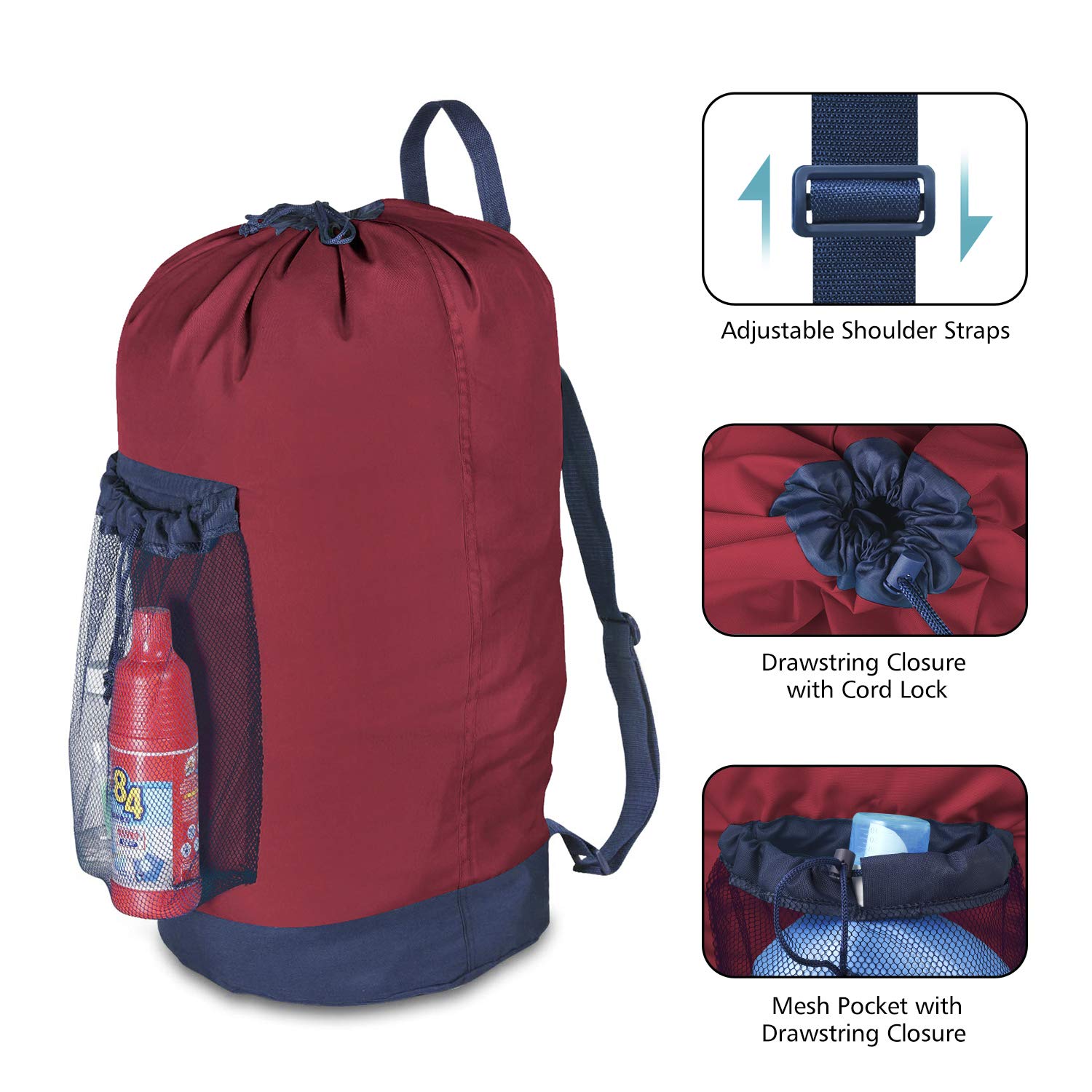 Dalykate Backpack Laundry Bag, 115L Large Hamper with Shoulder Straps, Drawstring Closure, Mesh Pocket, Red