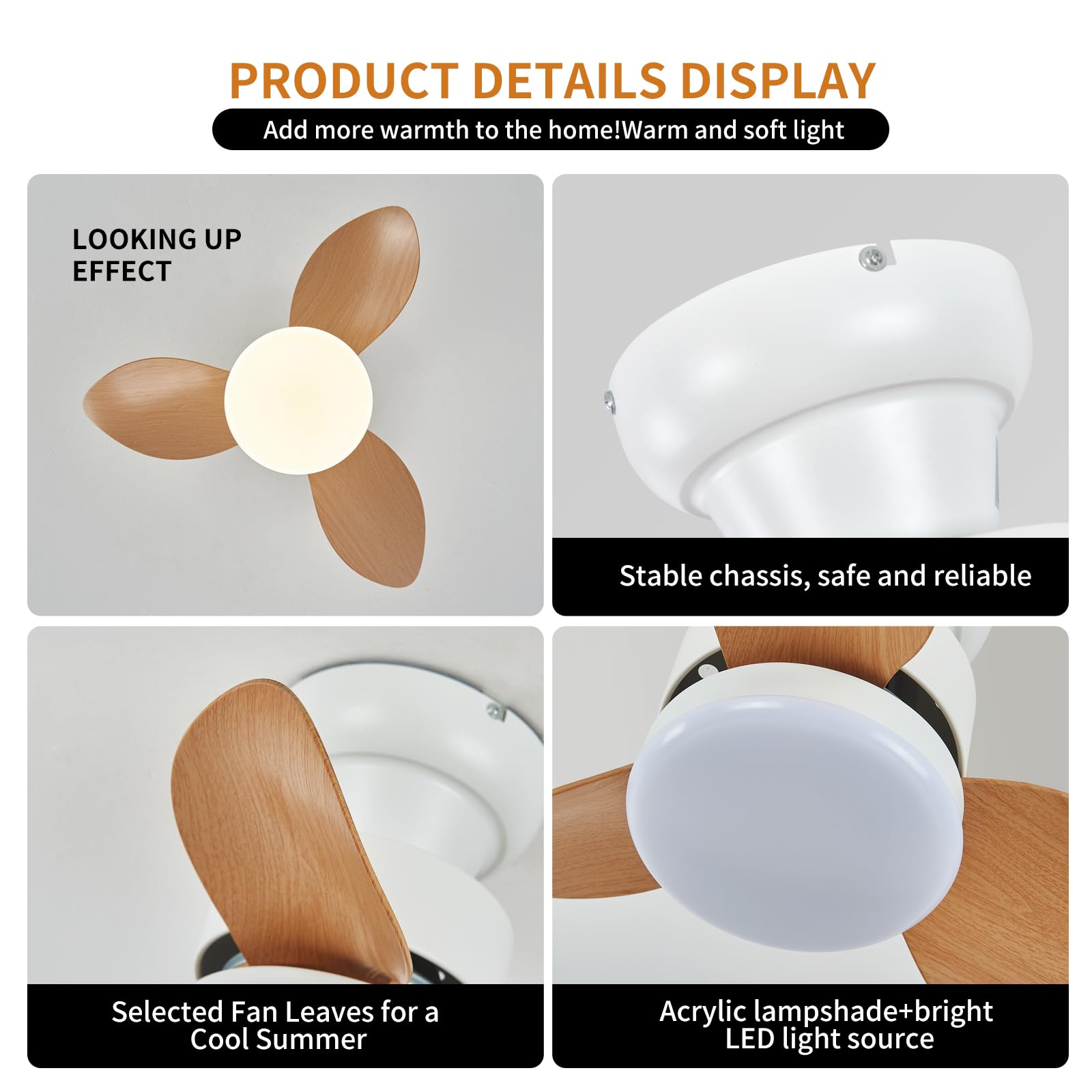 Becailyer 21.65 inch Mini Ceiling Fan with Lights and Remote, Small Flush Mount Ceiling Fans with Lamp, Reversible Summer Winter Mode 6 Speed Silent DC Motor for Bedroom Kitchen, White+Woodgrain