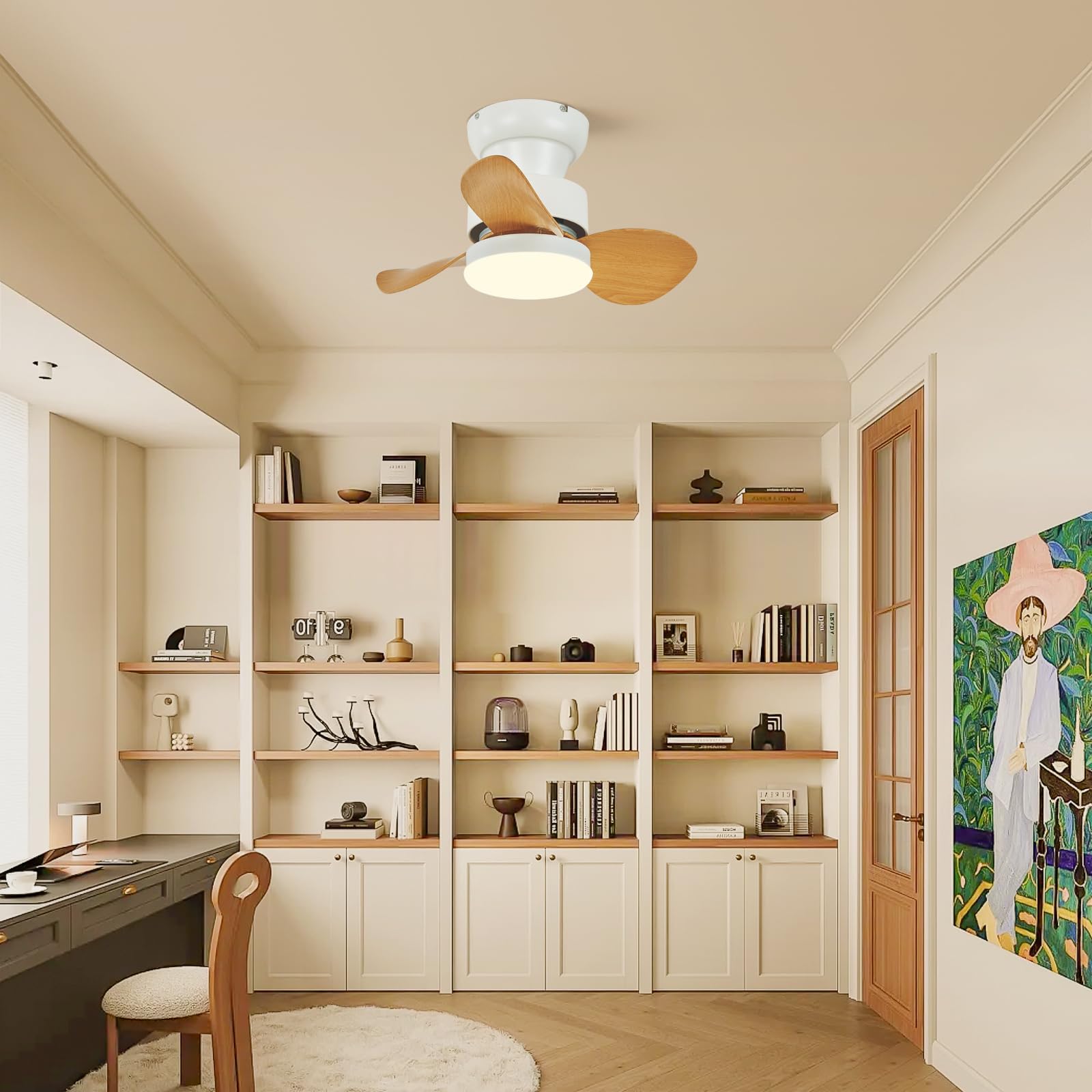 Becailyer 21.65 inch Mini Ceiling Fan with Lights and Remote, Small Flush Mount Ceiling Fans with Lamp, Reversible Summer Winter Mode 6 Speed Silent DC Motor for Bedroom Kitchen, White+Woodgrain