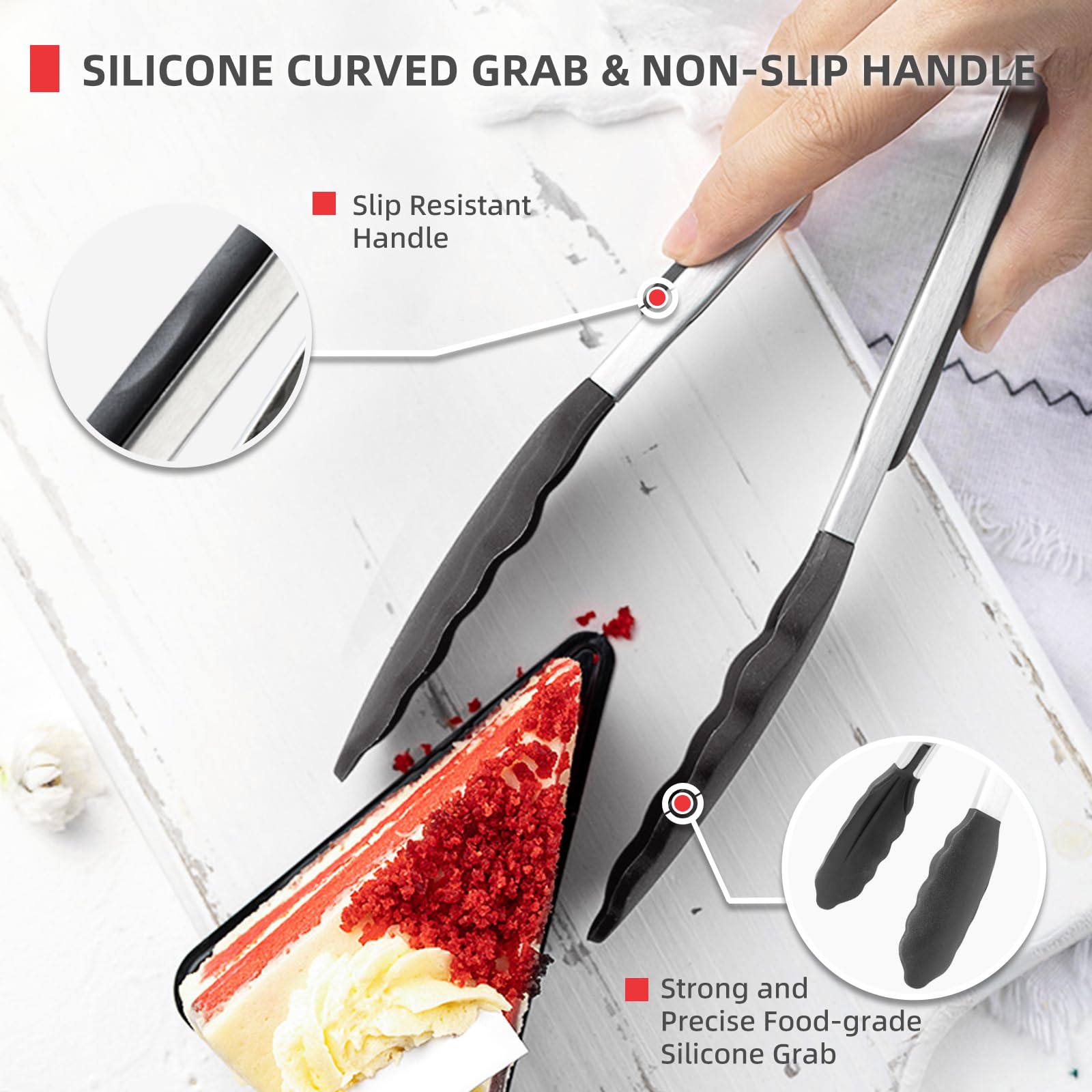 Cukitish 3-PIECE Stainless Steel Kitchen Tongs with Silicone Tips, SIZES, 18, 23, 30cm