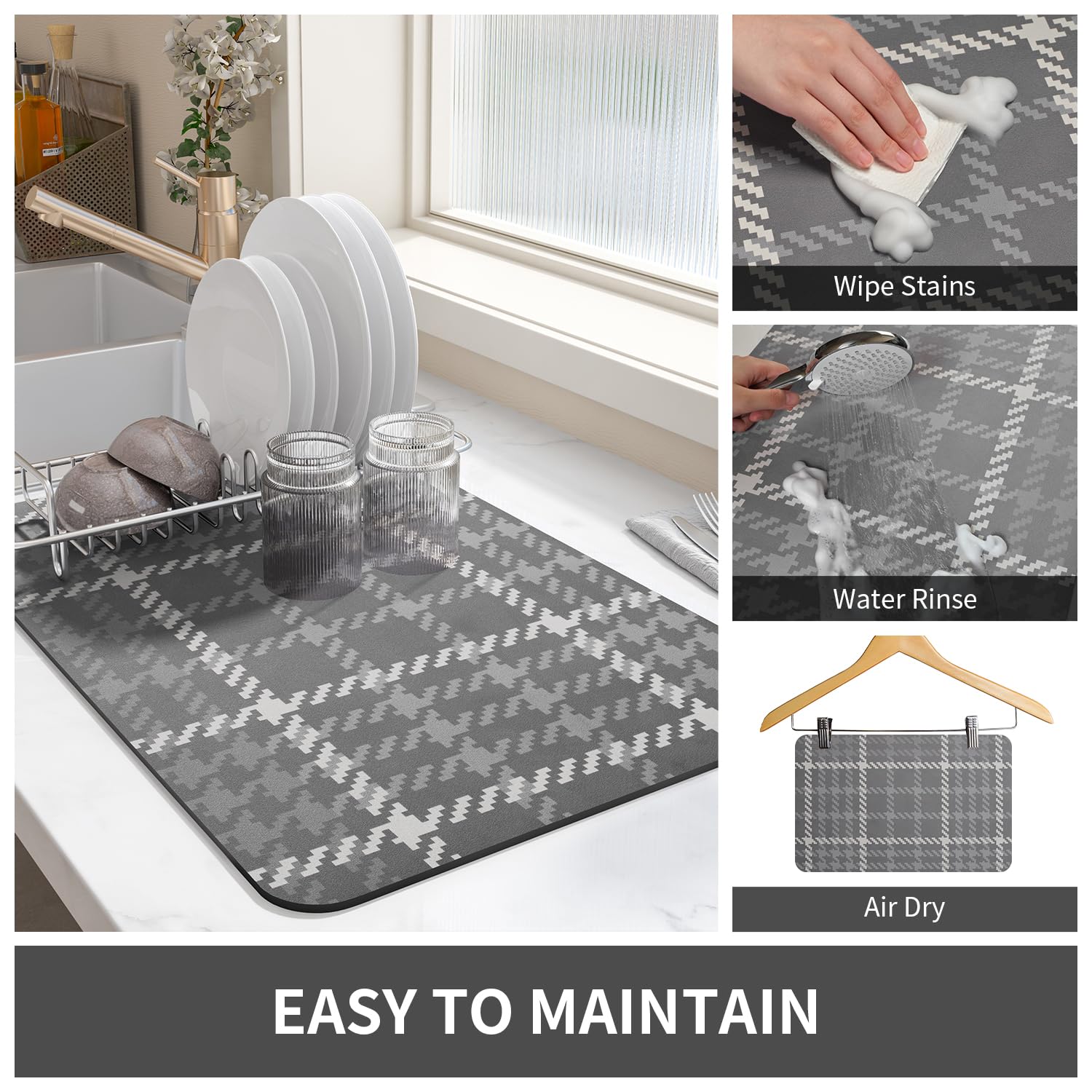 Dish Drying Mat-Kitchen Counter Water Absorbing Drying Mat-Rubber Backed Hide Stain Under Dish Mat Absorbent Coffee Mat