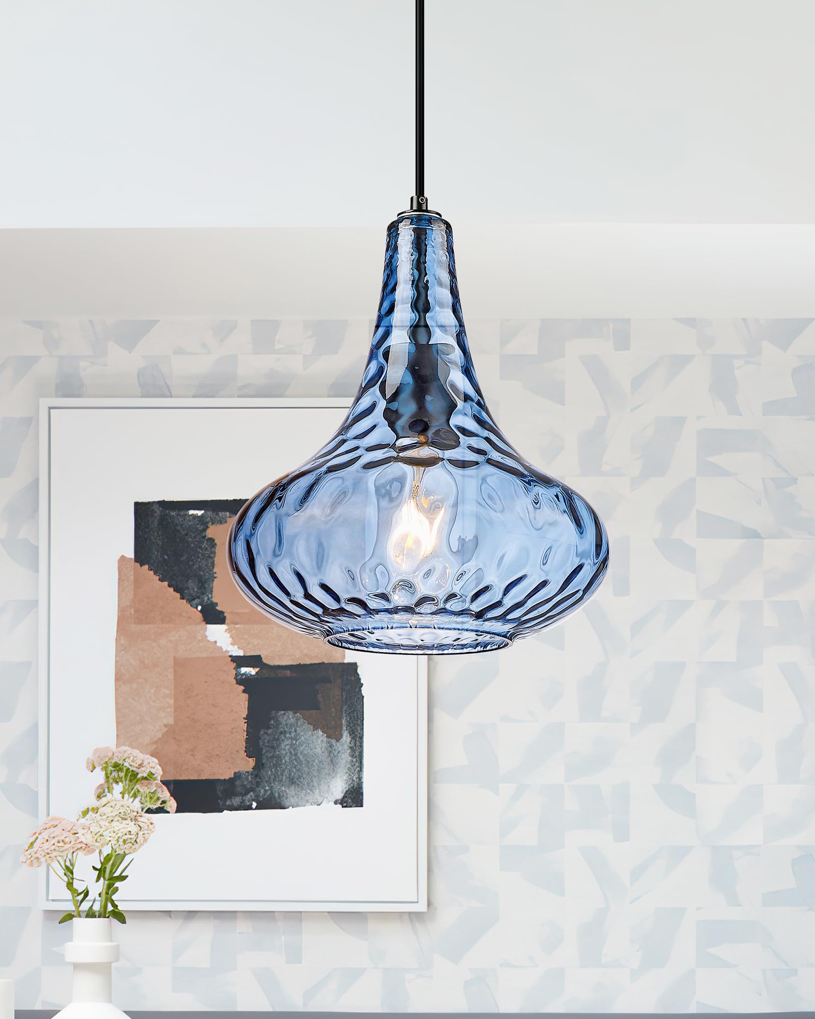 AUTELO Blue Pendant Lights Kitchen Island, 10" Hammered Glass Pendant Lights, Modern Pendant Light Fixtures in Matte Black Finish, Hanging Lamp for Dining Room, Kitchen Sink, H9164 BU