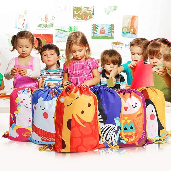 BEEBEERUN 12PC Kids Drawstring Party Favor Bags for Birthday Party Gift Animal SQ005