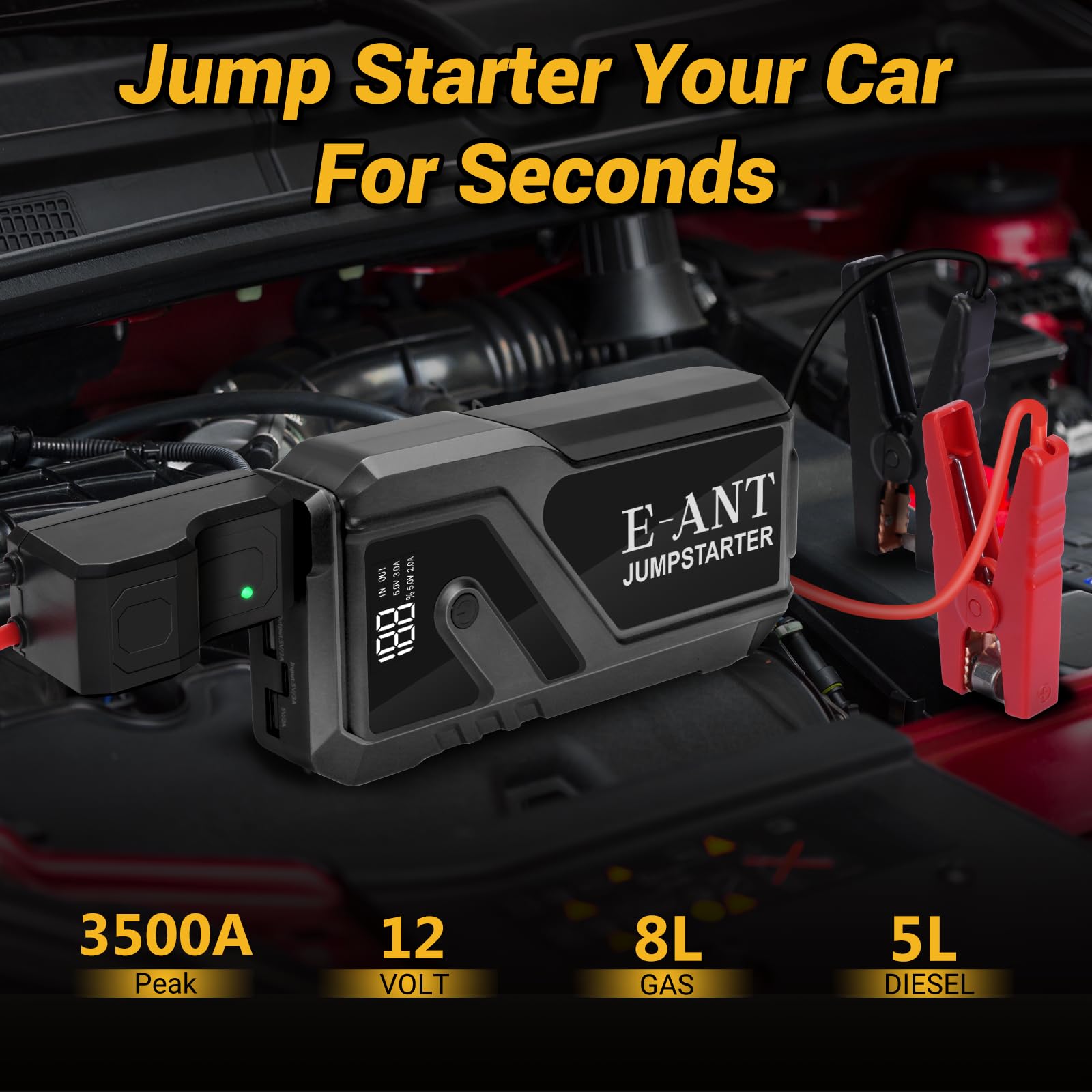 Car Battery Jump Starter 4000A Peak, 12V Jump Starter Battery Pack for Up to 8L Gas/5L Diesel, Battery Booster Jump Box, Power Bank USB QC3.0 Outputs Portable Charger (4000A-Gray)