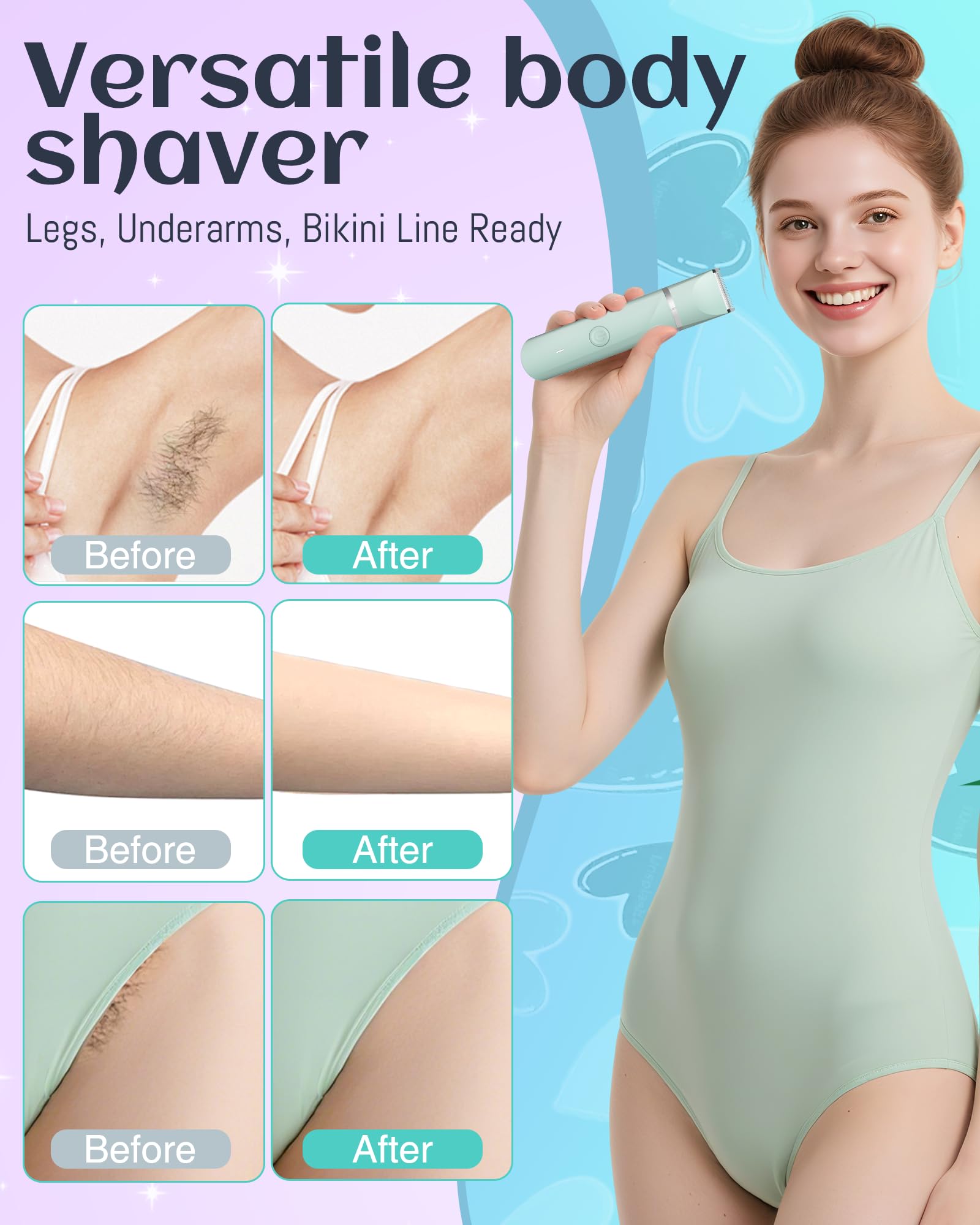 AREYZIN Women's Waterproof Wet & Dry Use Rechargeable Electric Razor Trimmer for Bikini, Legs, Pubic Hair with Snap-in Ceramic Blades IP7X Washable Head, Green