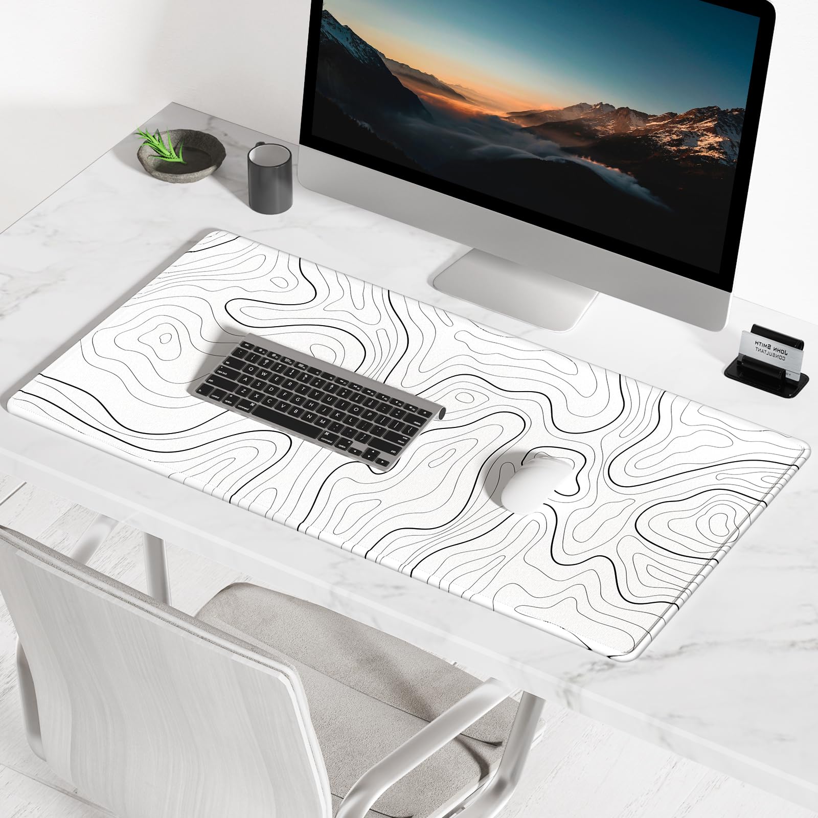 BOSOBO 80x30cm Minimalist Abstract Lines Large Desk Gaming Mouse Pad Mat, WHITE/BLACK