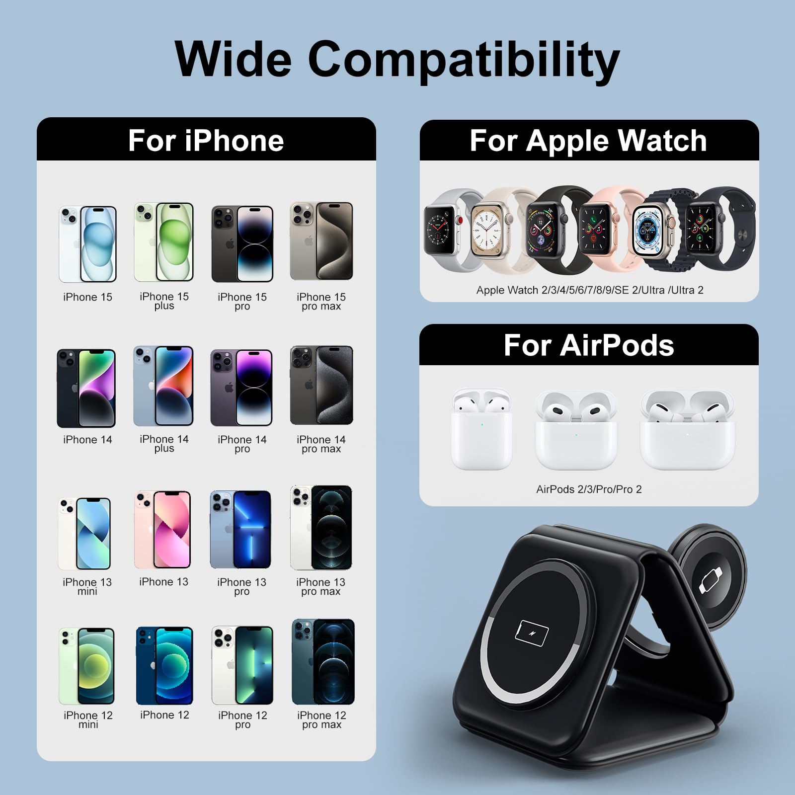 3 in 1 Wireless Charger,RTOPS Fodable Charging Stations for Multiple Apple Devices, W312 Fast Travel Charging Stand for Airpod, iWatch and Phone 12-15 (Adapter Included)