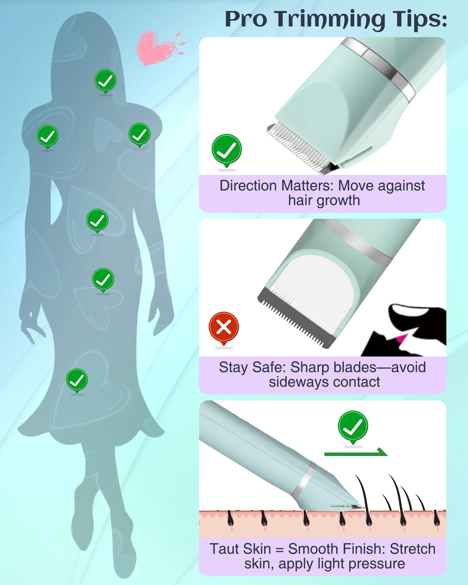AREYZIN Women's Waterproof Wet & Dry Use Rechargeable Electric Razor Trimmer for Bikini, Legs, Pubic Hair with Snap-in Ceramic Blades IP7X Washable Head, Green