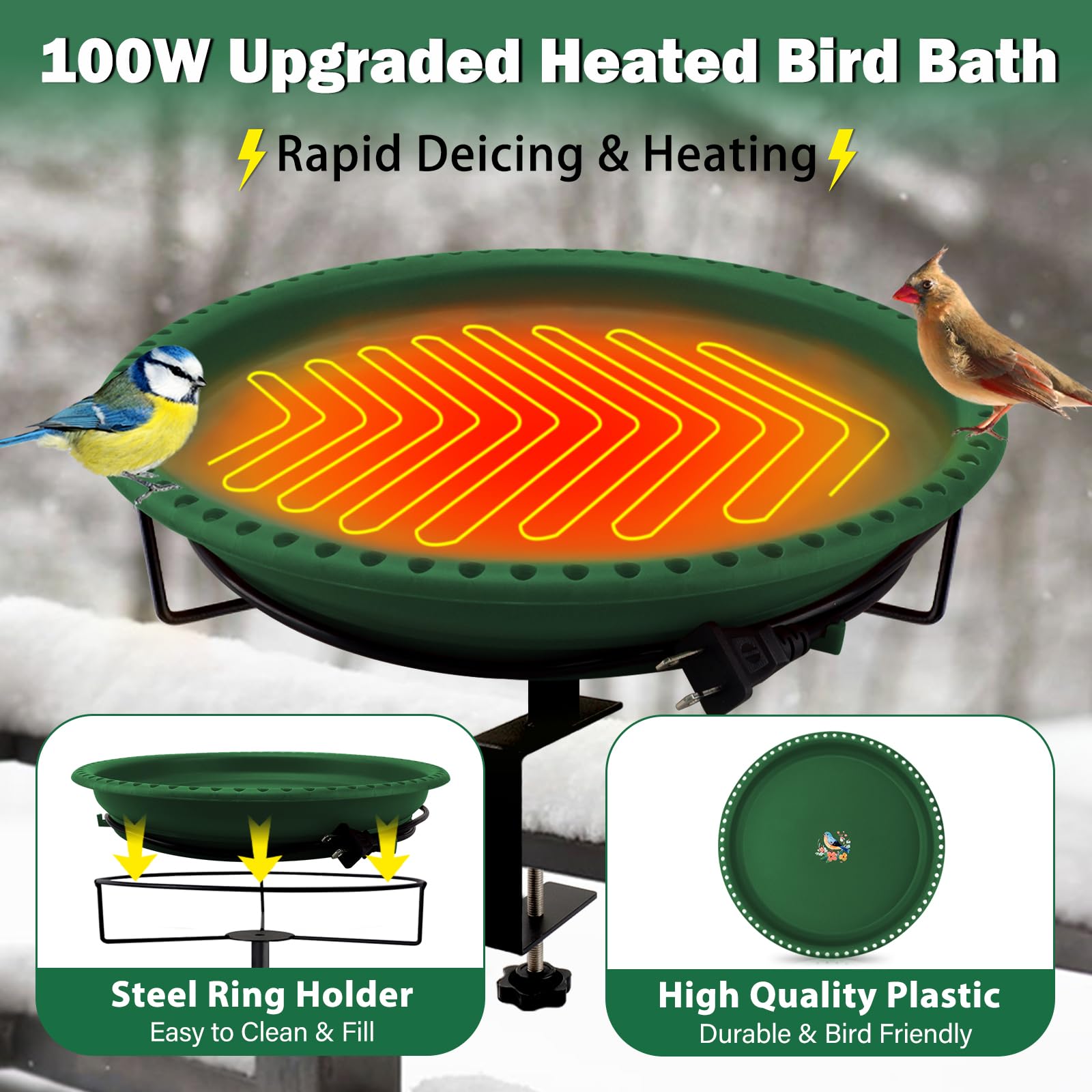 Daoeny 100W Heated Bird Bath Bowl Thermostat Control for Deck Railing Outside Garden Yard Patio Lawn Decor
