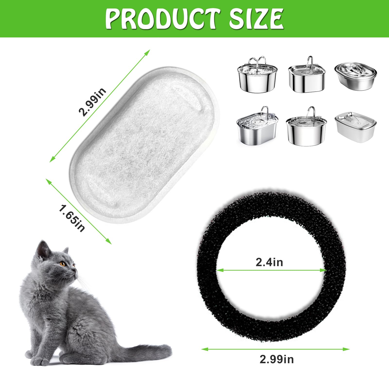 AILVKANG 12 Pack Cat Water Fountain Filters for 108/3.2L& 67oz/2L Stainless Steel Pet Water Dispenser Replacement