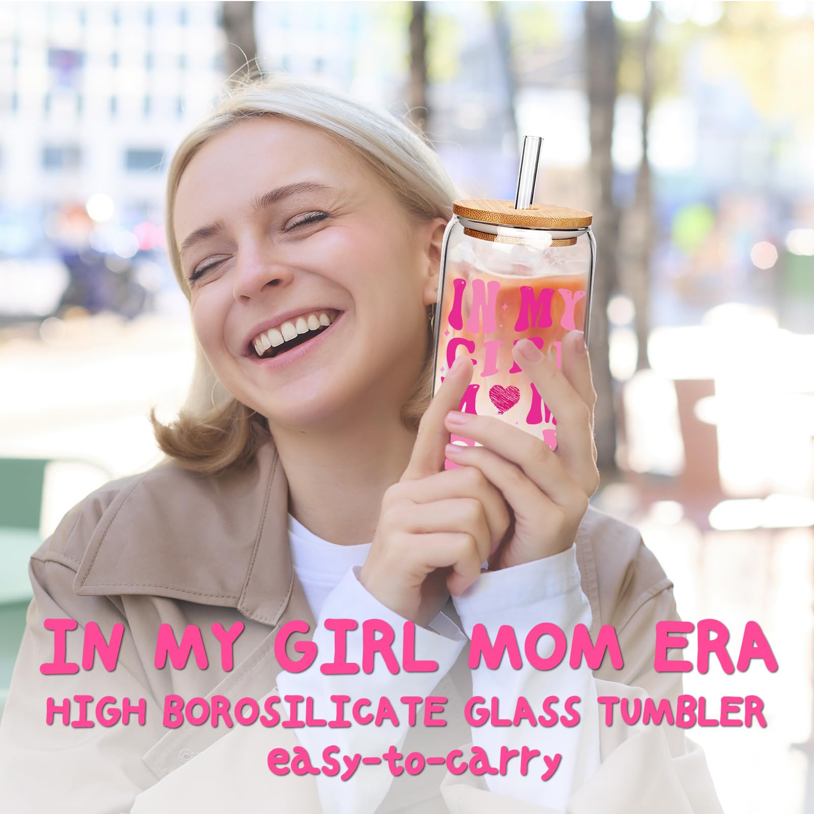 ANOTION in My Girl Mom Era Gift Set - Girl Mom Iced Coffee Cups, Mothers Day Coffee Mug with Straw, New Mom Gifts, Mother's Day Card, Mama Birthday Gift, Glass Tumbler Drinking Cup for Mother