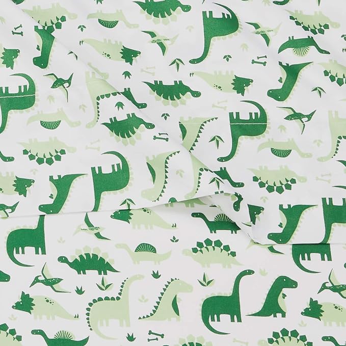 Amazon Basics Kid's Dino Friends Soft Easy-Wash Microfiber Sheet Set, Twin, Grass Green Dinosaurs 1J36