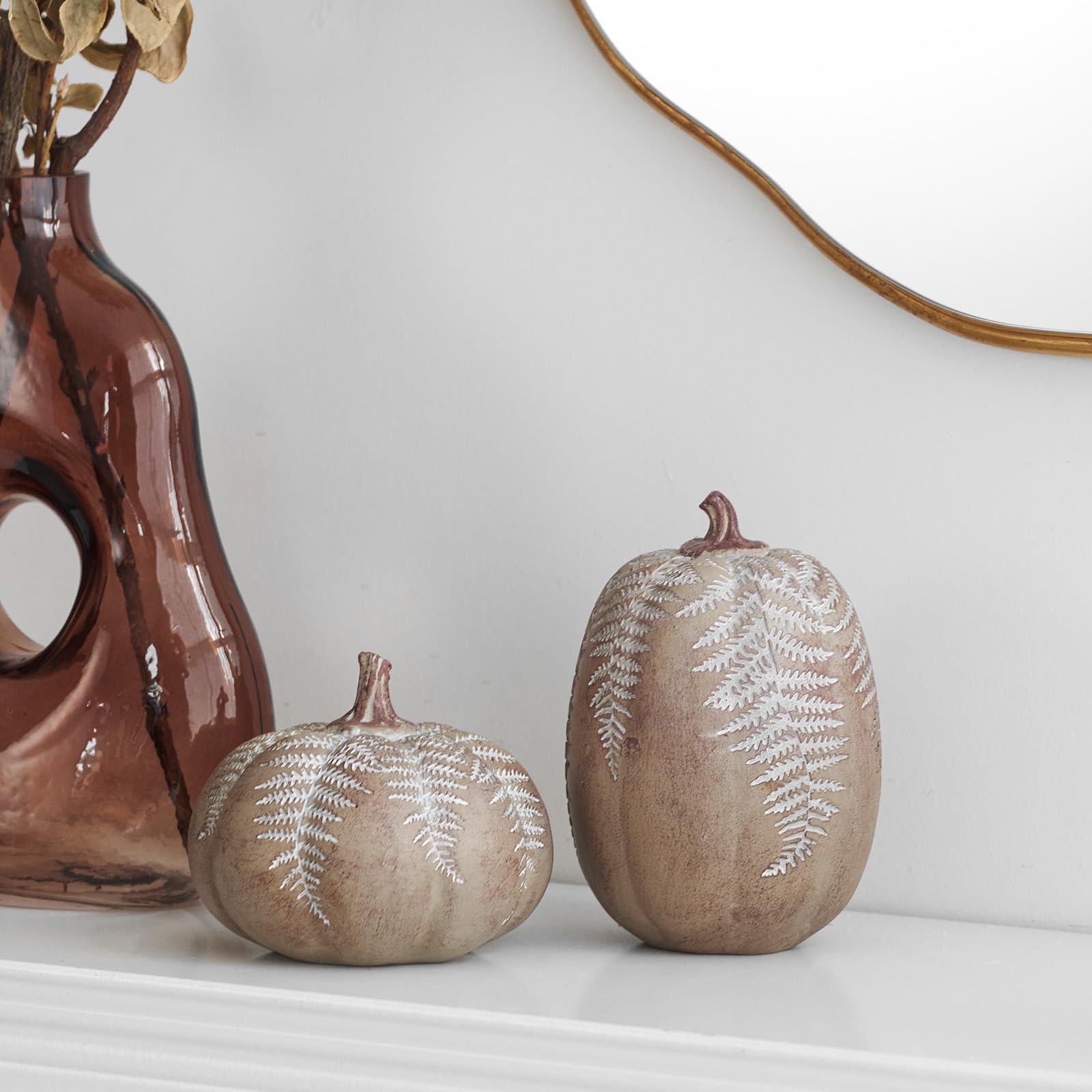 DN DECONATION Thanksgiving Pumpkin Decorations for Home, Artificial Pumpkins Fall Table Centerpiece, 2-Pack Fake Pumpkins for Decorating, Rustic Brown Resin Pumpkin Neutral Farmhouse Fall Decor