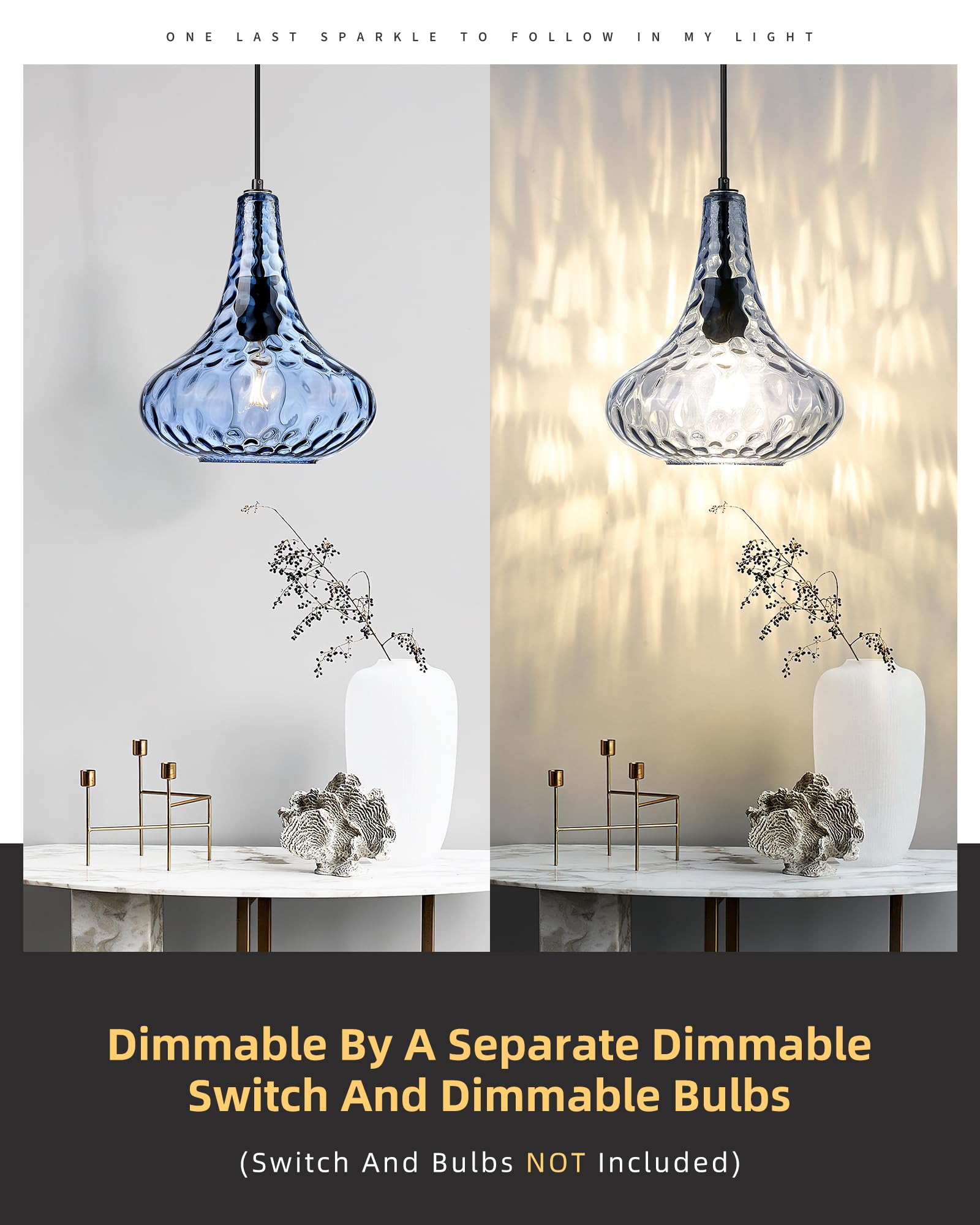 AUTELO Blue Pendant Lights Kitchen Island, 10" Hammered Glass Pendant Lights, Modern Pendant Light Fixtures in Matte Black Finish, Hanging Lamp for Dining Room, Kitchen Sink, H9164 BU