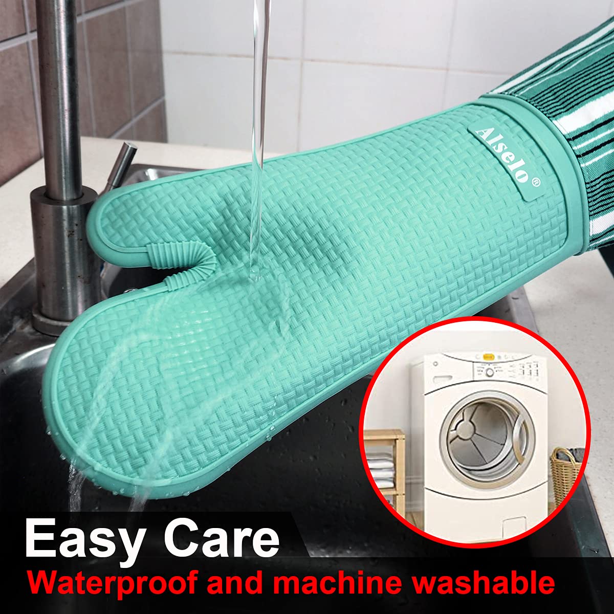 Alselo Heat Resistant 550 Degree Extra Long Silicone Oven Mitts, Teal