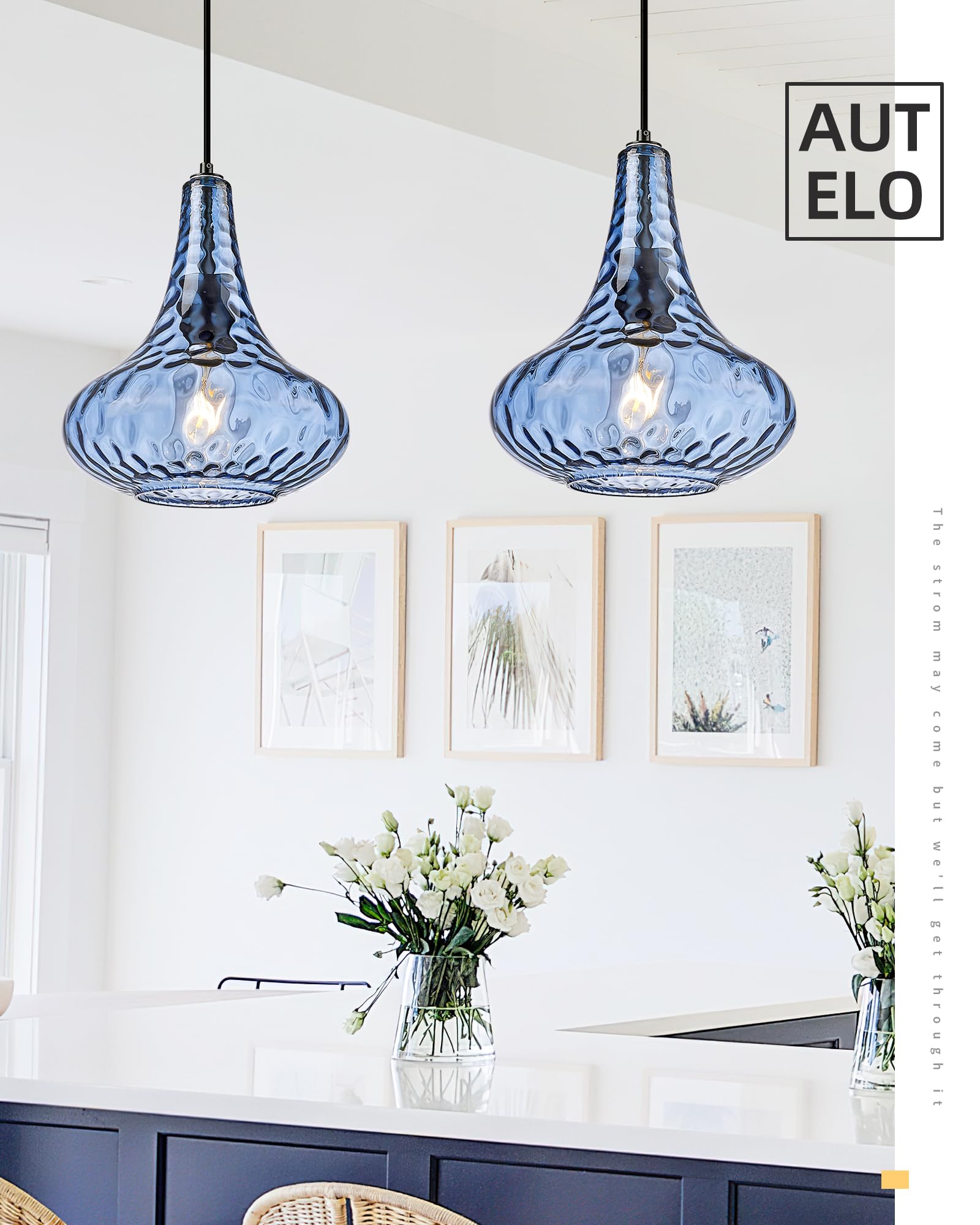 AUTELO Blue Pendant Lights Kitchen Island, 10" Hammered Glass Pendant Lights, Modern Pendant Light Fixtures in Matte Black Finish, Hanging Lamp for Dining Room, Kitchen Sink, H9164 BU