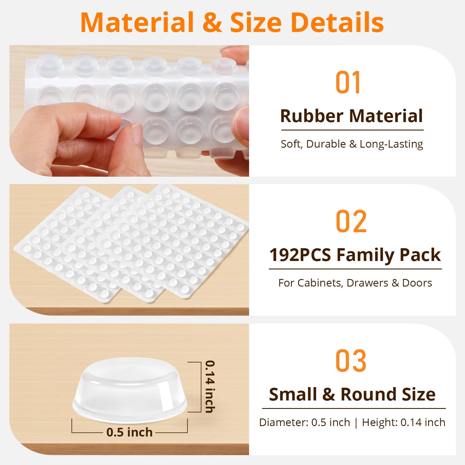 CHUNZEXI 192 PCS Clear Cabinet Door Bumpers, 1/2 Inch Round Rubber Pads