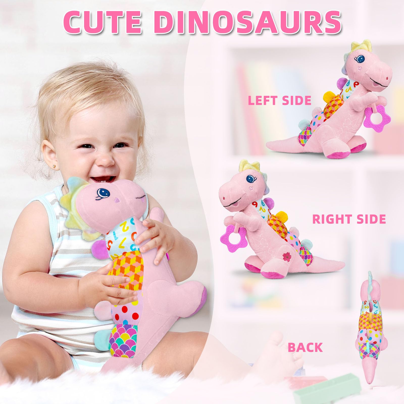 Baby Sensory Dino Musical Stuffed Animal Toys for 0-3-6-9-12 Months .Infant Dinosaur Tummy Time Toys with Crinkle Sound Paper .Teether .Textures & Rattles for Newborn Boys Girls Birthday Gifts .Pink