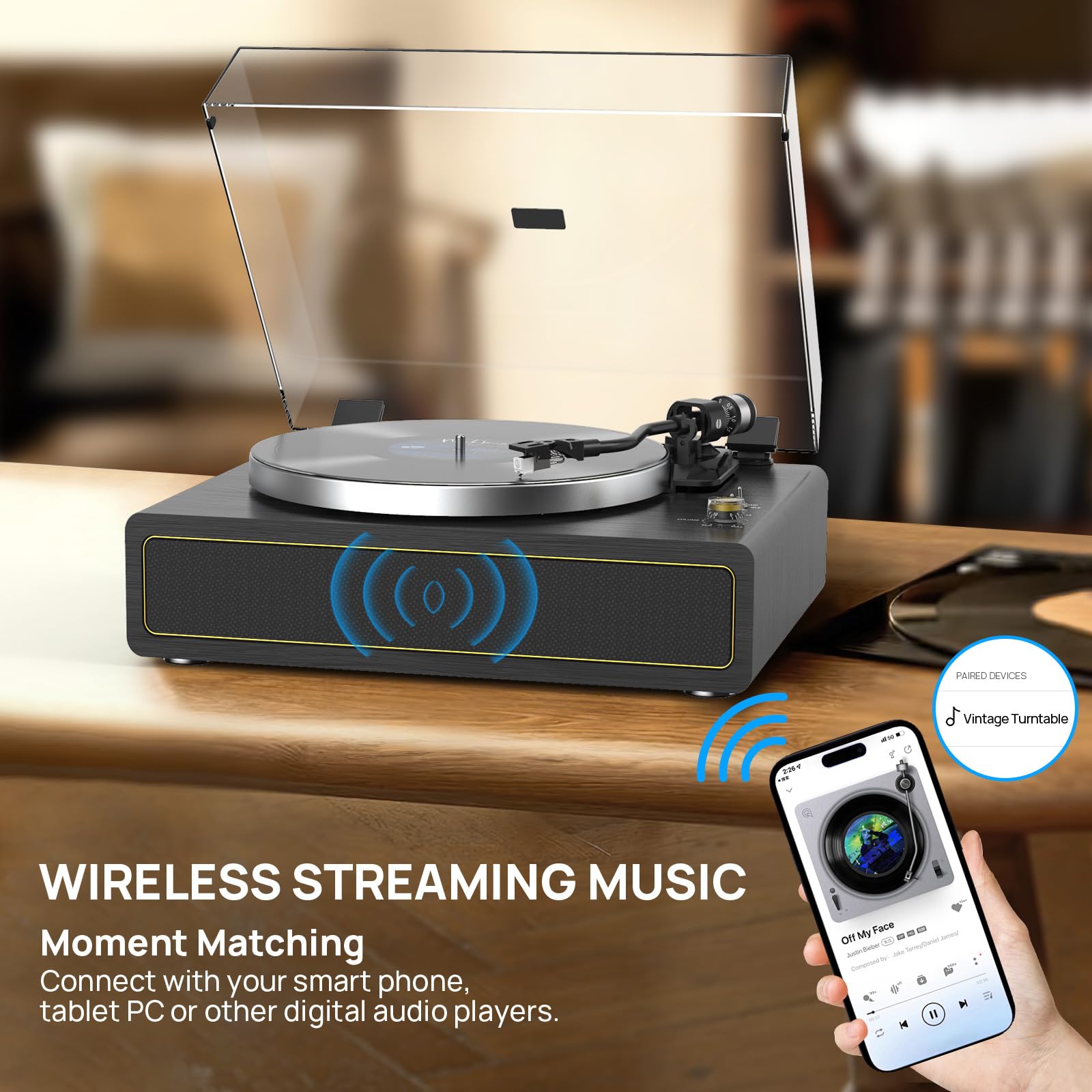 All-in-one Record Player Turntable with Built-in Speakers Vinyl Record Player Support Wireless Playback Auto Stop 33&45 RPM Speed RCA Line Out AUX in Belt-Drive Turntable for Vinyl Records Black