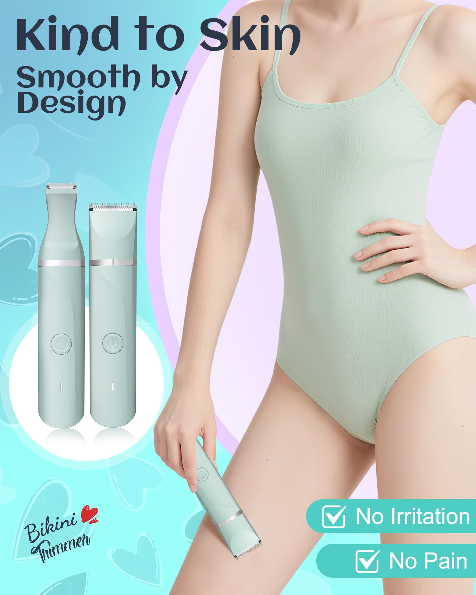 AREYZIN Women's Waterproof Wet & Dry Use Rechargeable Electric Razor Trimmer for Bikini, Legs, Pubic Hair with Snap-in Ceramic Blades IP7X Washable Head, Green