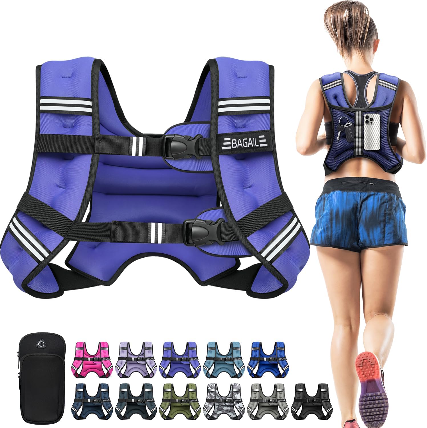 BAGAIL Adult's Weighted Vest with Detachable Phone Pouch, Rucking Vest, Walking, Weight Loss, Training, Running