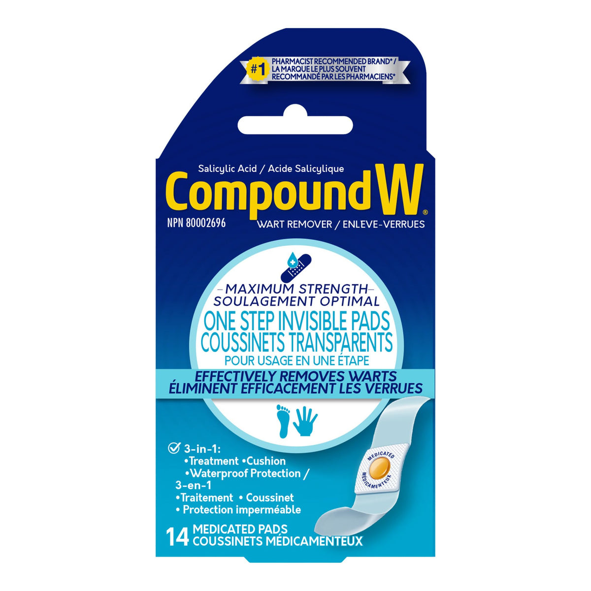 Compound W Wart Remover, Maximum Stength One Step Invisible Pads - 14 Count - Salicylic Acid Wart Remover, For Treatment & Common/Plantar Wart Removal