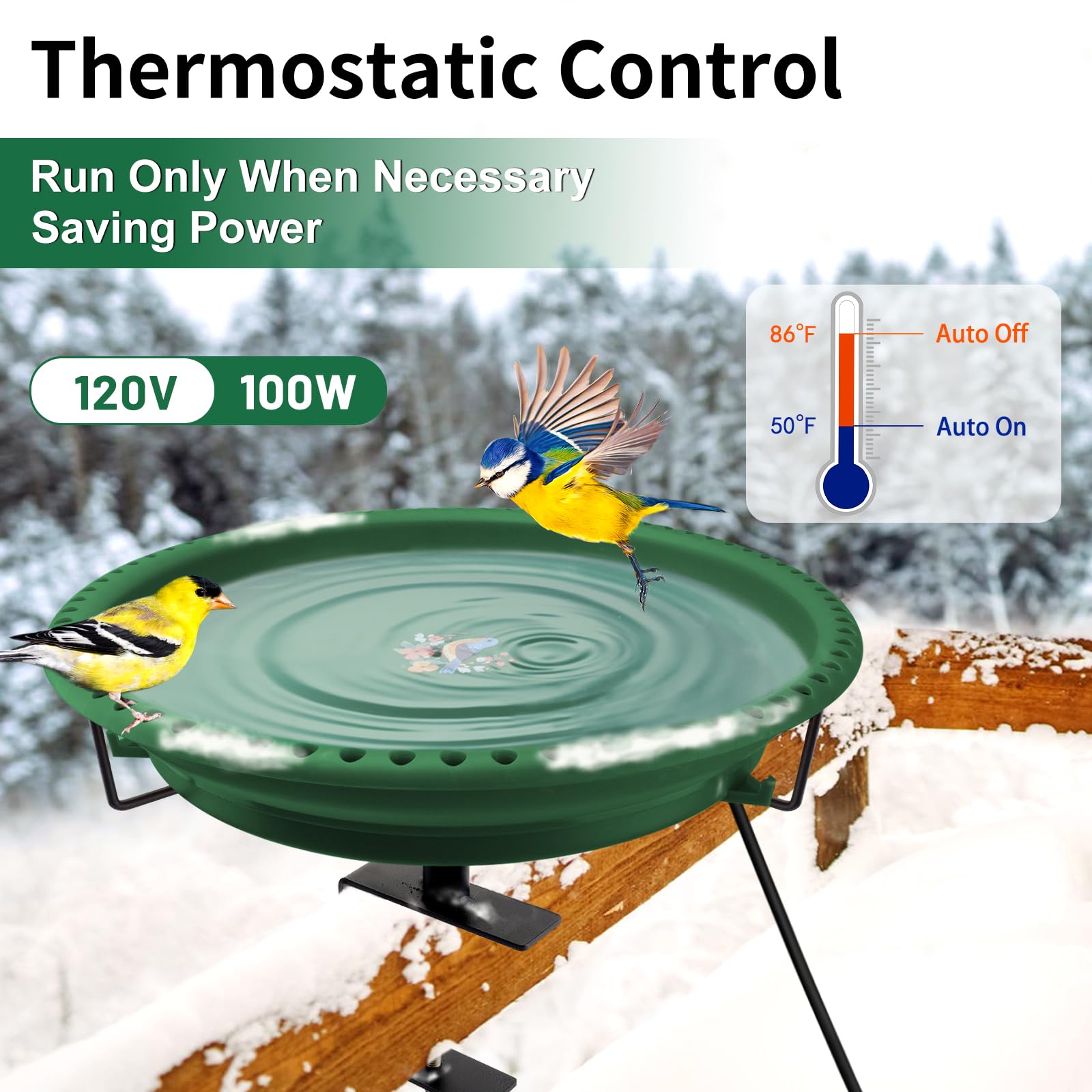 Daoeny 100W Heated Bird Bath Bowl Thermostat Control for Deck Railing Outside Garden Yard Patio Lawn Decor