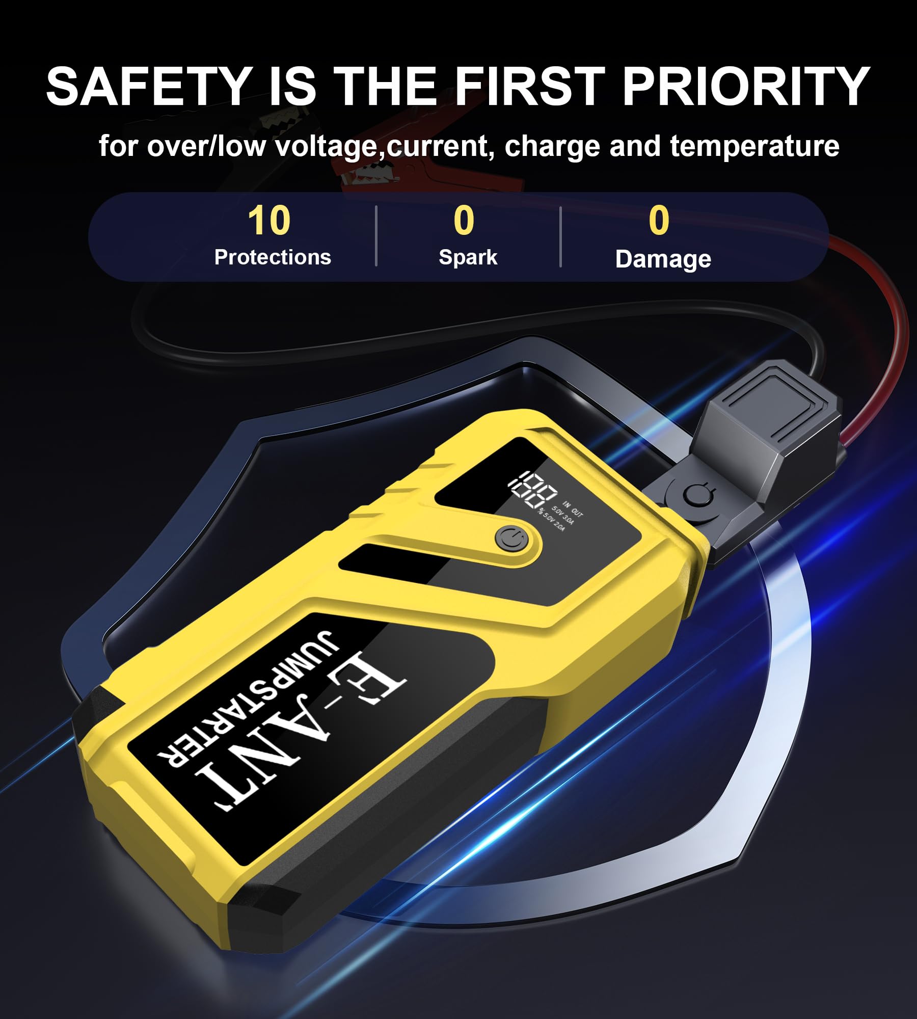 Car Battery Jump Starter 3000A Peak, 12V Jump Starter Battery Pack for Up to 8L Gas/5L Diesel, Battery Booster Jump Box, Power Bank USB QC3.0 Outputs Portable Charger, Jumper Cables LED Light Yellow