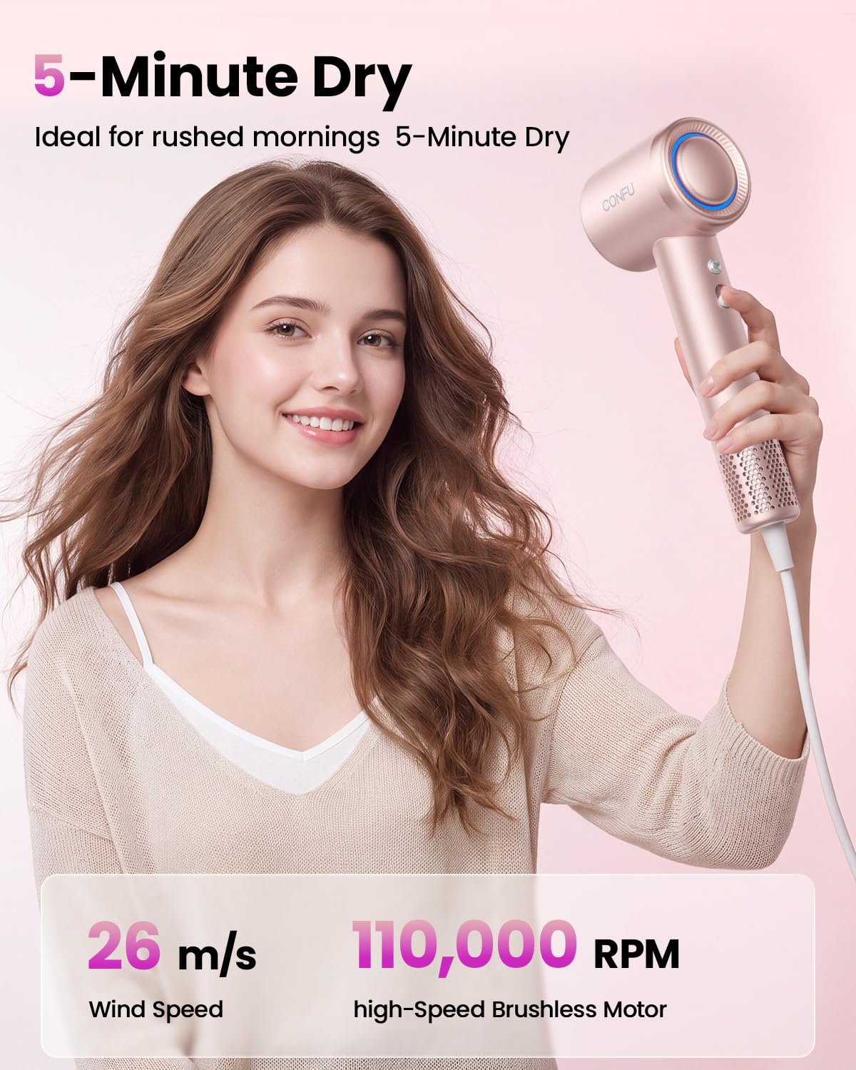 CONFU High Speed Professional Ionic Blow Dryer with Diffuser for Fast Drying, Hair for Curly Hair, PINK