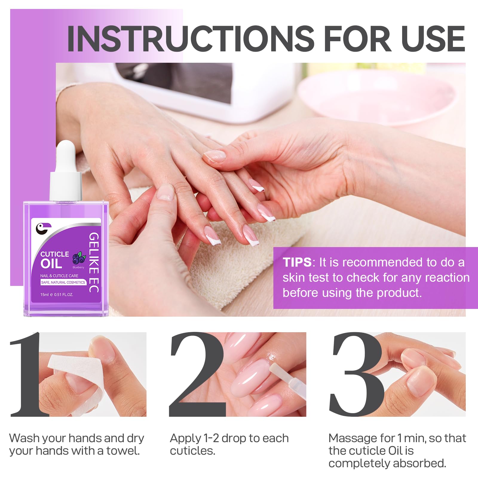 15ml Nail Cuticle Oil for Moisturize and Repair - GELIKE EC Easy and Quick Absorb Cuticles Care Treatment - Natural Blueberry Smells for Women and Men Dry Damaged Thin Nails