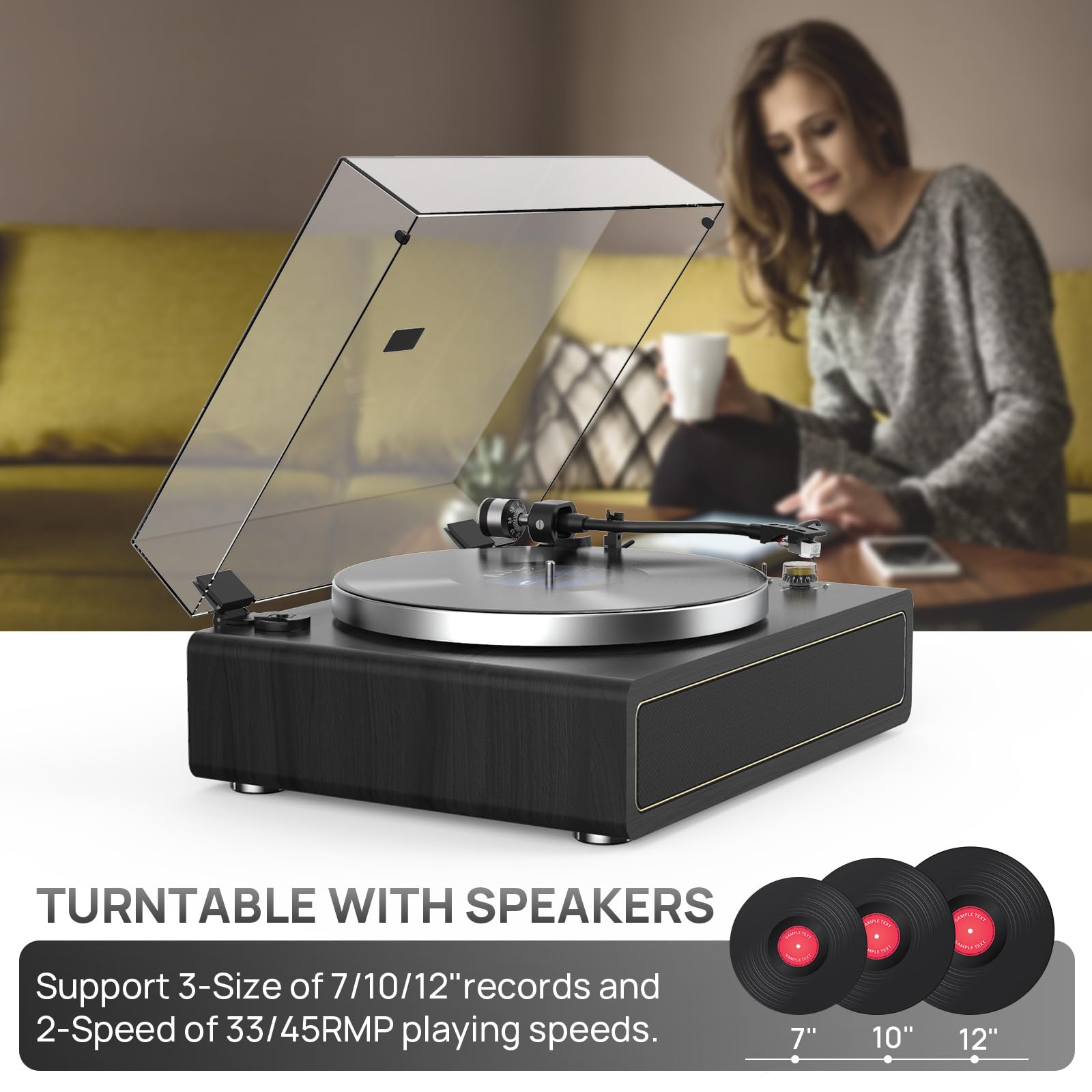 All-in-one Record Player Turntable with Built-in Speakers Vinyl Record Player Support Wireless Playback Auto Stop 33&45 RPM Speed RCA Line Out AUX in Belt-Drive Turntable for Vinyl Records Black