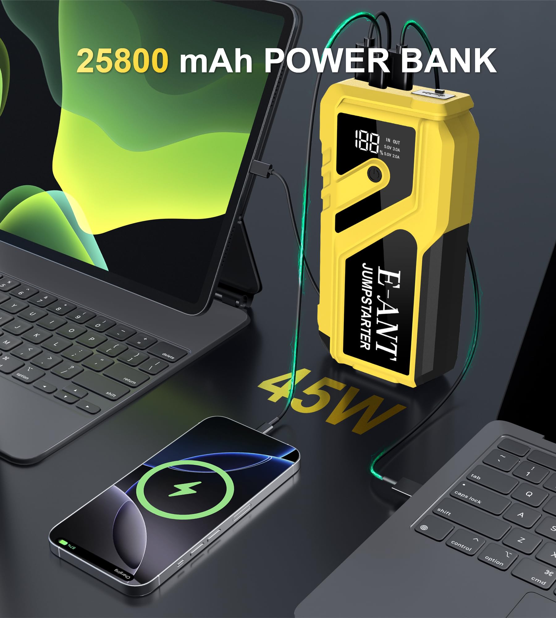 Car Battery Jump Starter 3000A Peak, 12V Jump Starter Battery Pack for Up to 8L Gas/5L Diesel, Battery Booster Jump Box, Power Bank USB QC3.0 Outputs Portable Charger, Jumper Cables LED Light Yellow