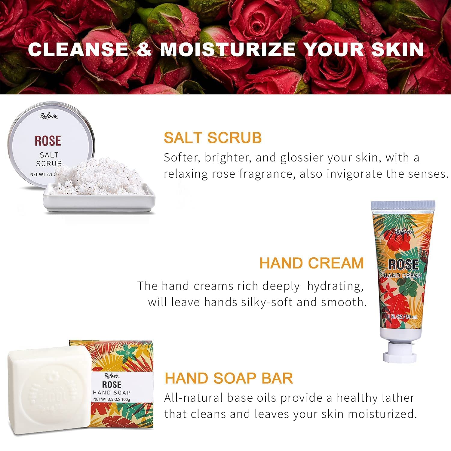 BFFLOVE Women's 5PCS Cherry Blossom Christmas Day Gifts with Massage Oil, Scented Candle, Bath Salt, Hand Cream, Soap Gift Set