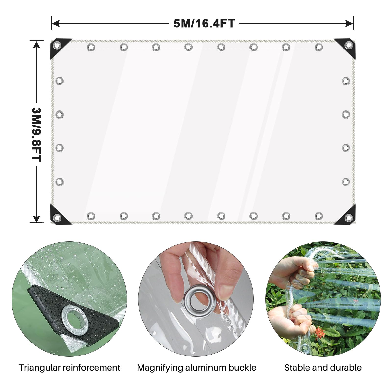 Clear Tarps Heavy Duty Waterproof, 15Mil Transparent PVC Vinyl Tarpaulin with Grommets, Ropes, Reinforced Edge, Tear-Resistant, Anti-UV for Greenhouse, Patio, Garden, Porch, Pavilion, Outdoor