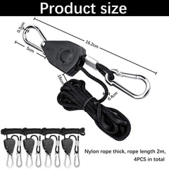 DMZK 4Pcs 1/8 Inch Hanging Rope Ratchet, Adjustable Heavy Duty Ratchet Rope Hanger, Rope Clip Hanger for Grow, Light Fixtures, Gardening,150lb Capacity