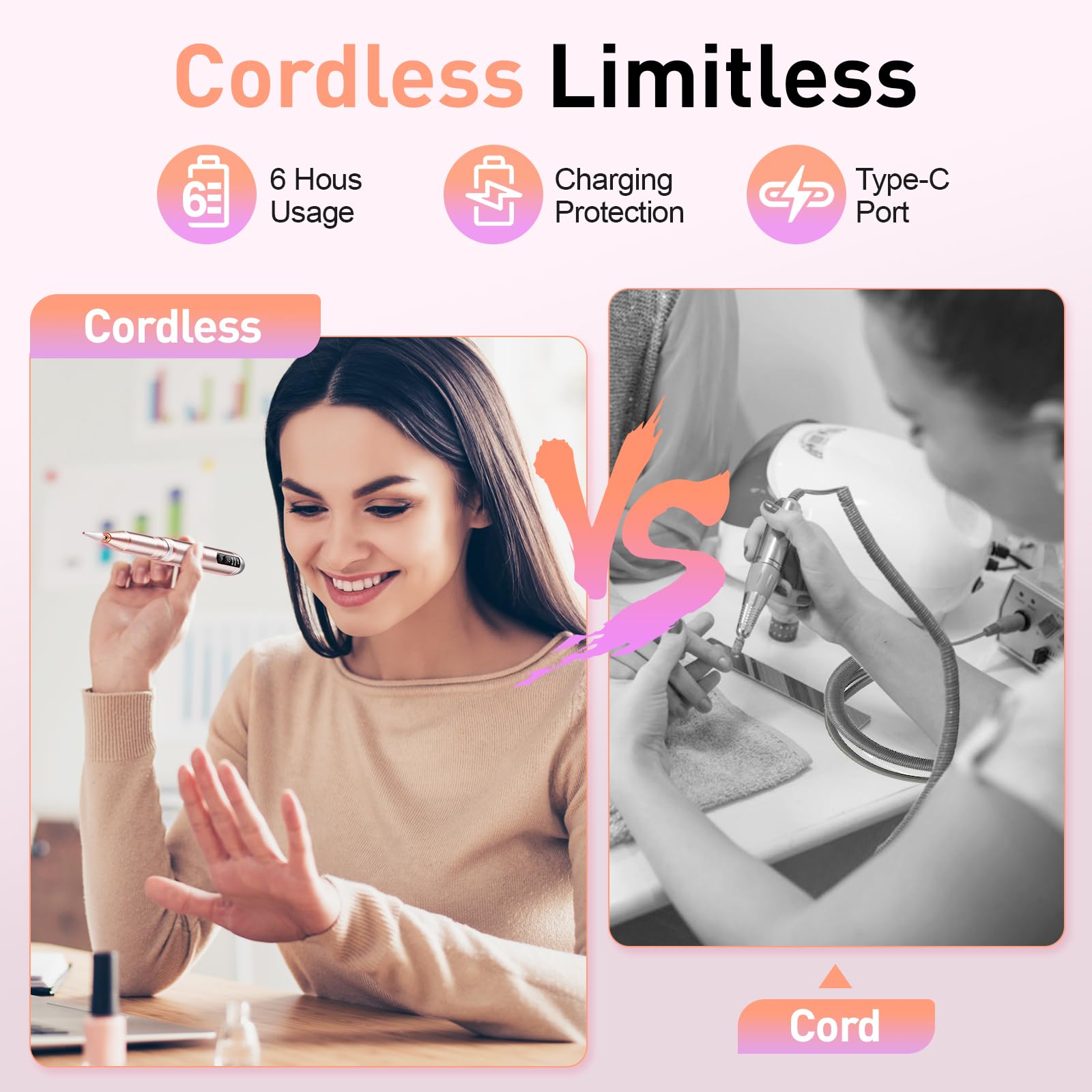 Beloving Cordless Nail Drill, Portable Electric Nail Drill 20000RPM Professional Electric Nail File for Acrylic Gel Nails, Rechargeable Nail Machine Home Use for DIY Manicure Pedicure - Gold