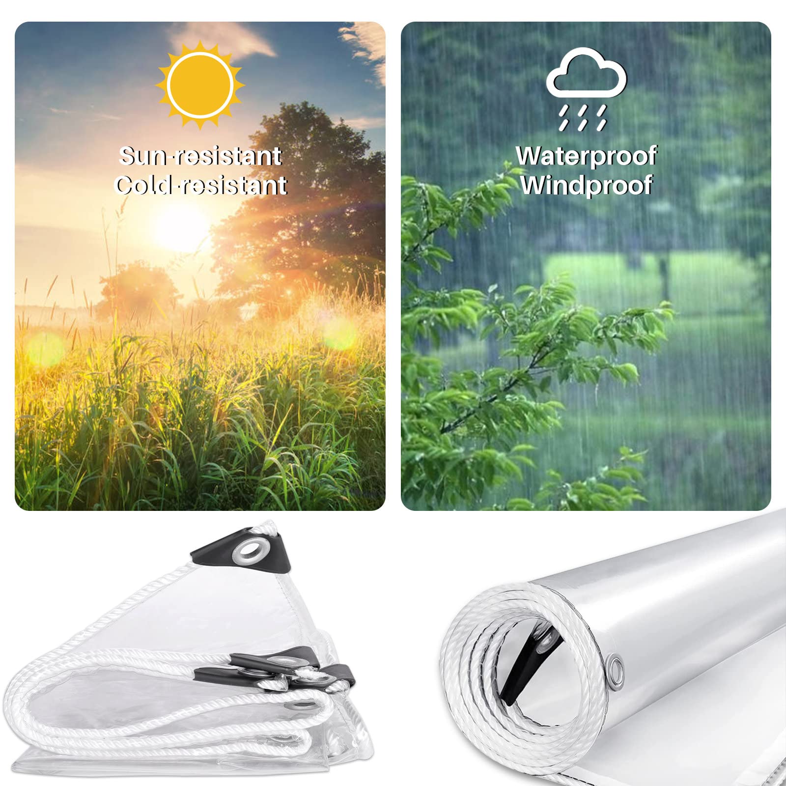 Clear Tarps Heavy Duty Waterproof, 15Mil Transparent PVC Vinyl Tarpaulin with Grommets, Ropes, Reinforced Edge, Tear-Resistant, Anti-UV for Greenhouse, Patio, Garden, Porch, Pavilion, Outdoor