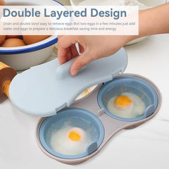 CYRANK 2 Cavity Microwave Egg Poacher Edible Silicone Drain Egg Boiler Set, Blue